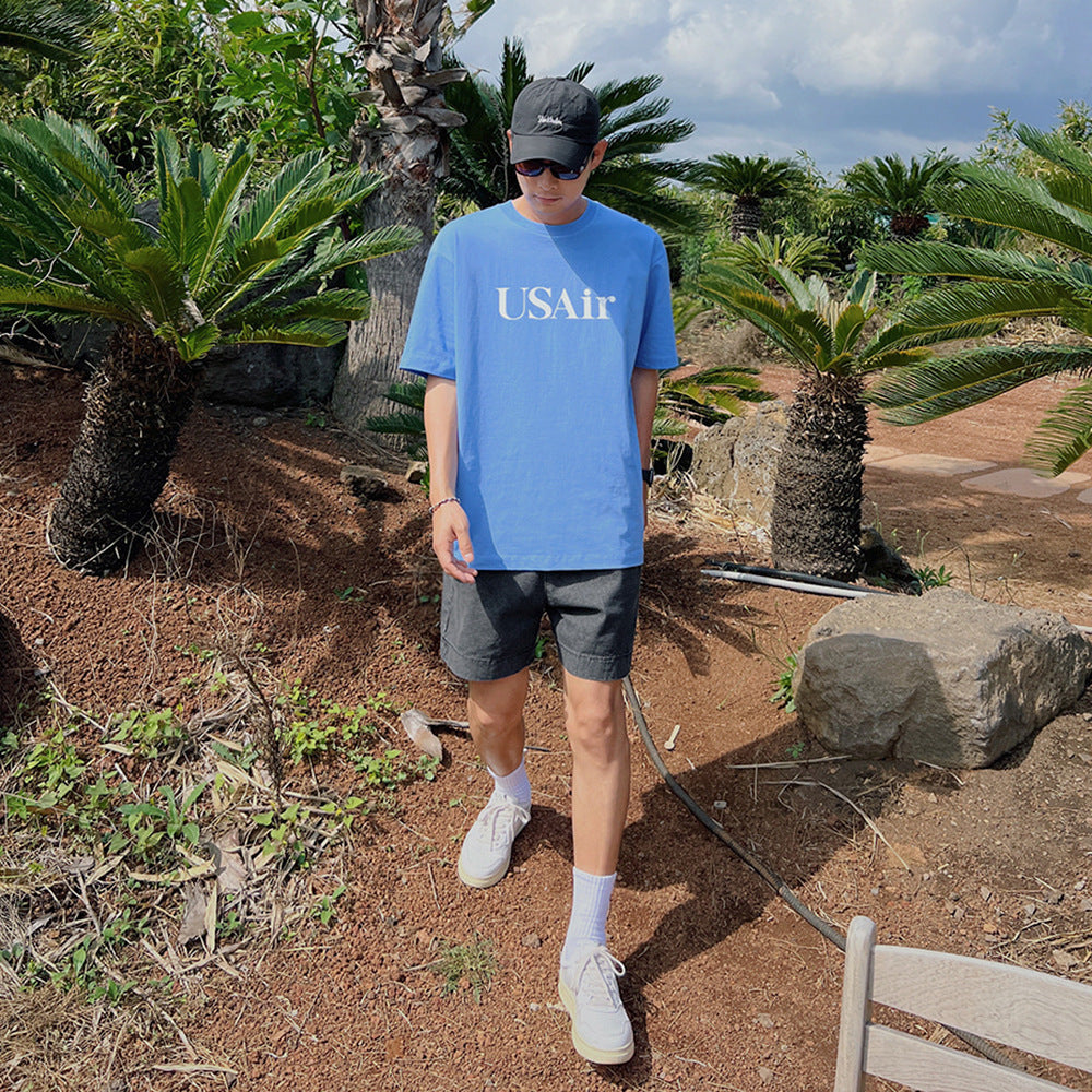 Men's summer Korean loose cotton T-shirt with letter print short sleeves