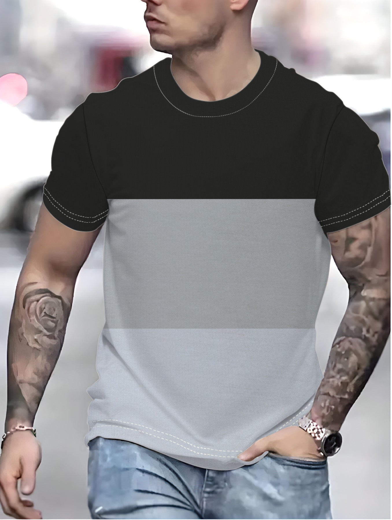 Men's three-color contrasting simple and fashionable daily versatile casual round neck T-shirt