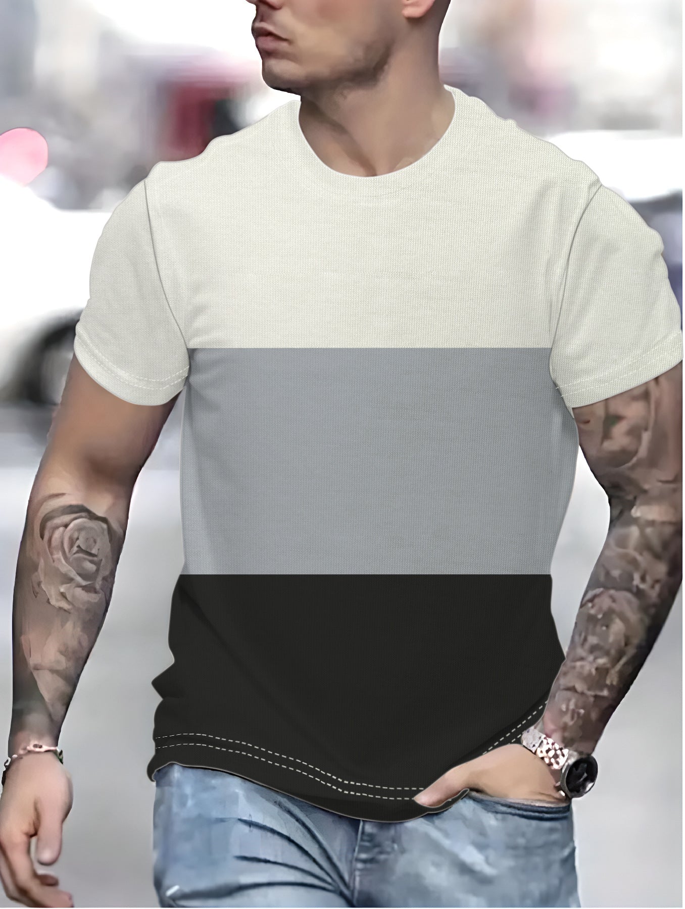 Men's three-color contrasting simple and fashionable daily versatile casual round neck T-shirt