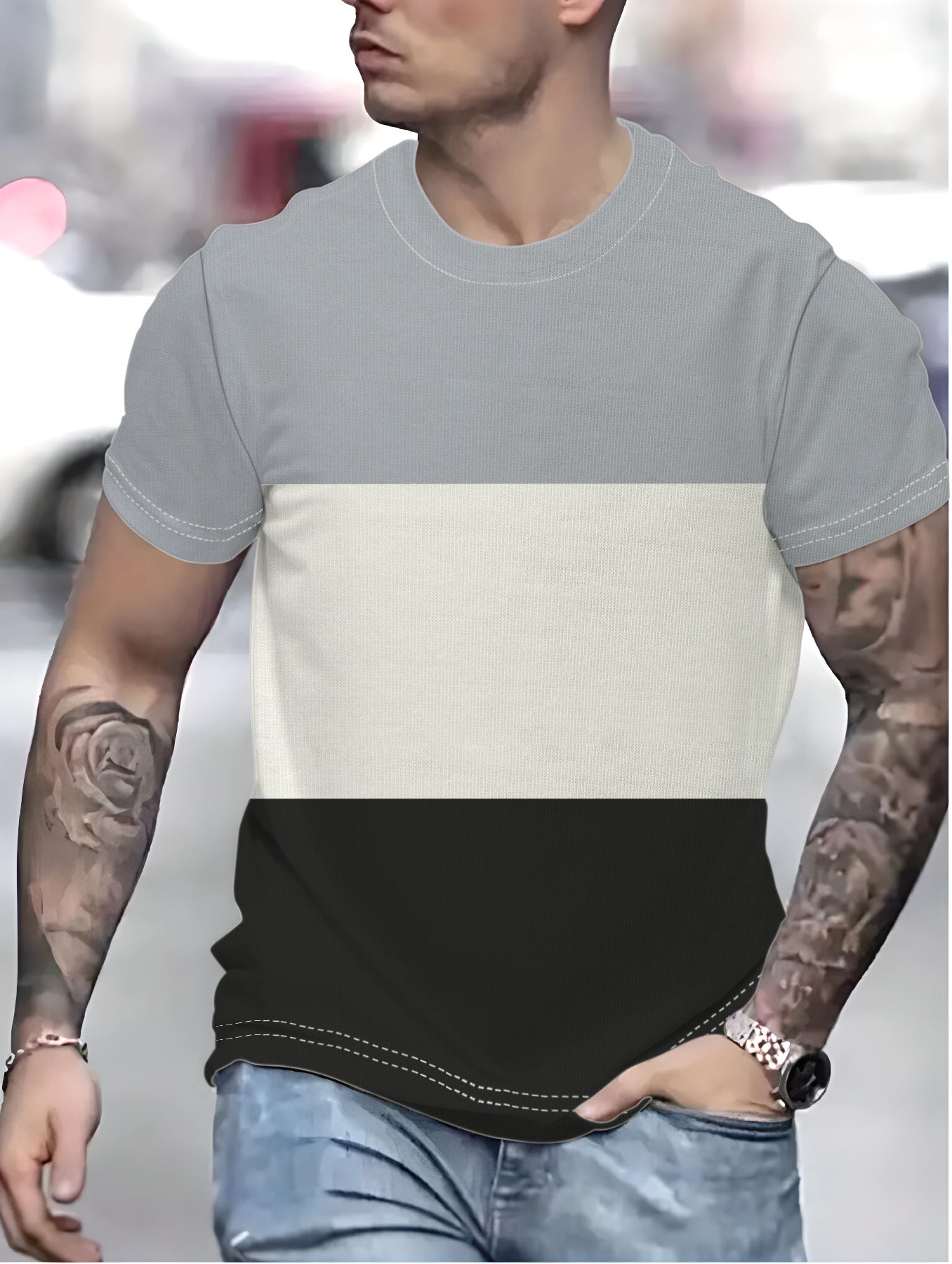 Men's three-color contrasting simple and fashionable daily versatile casual round neck T-shirt