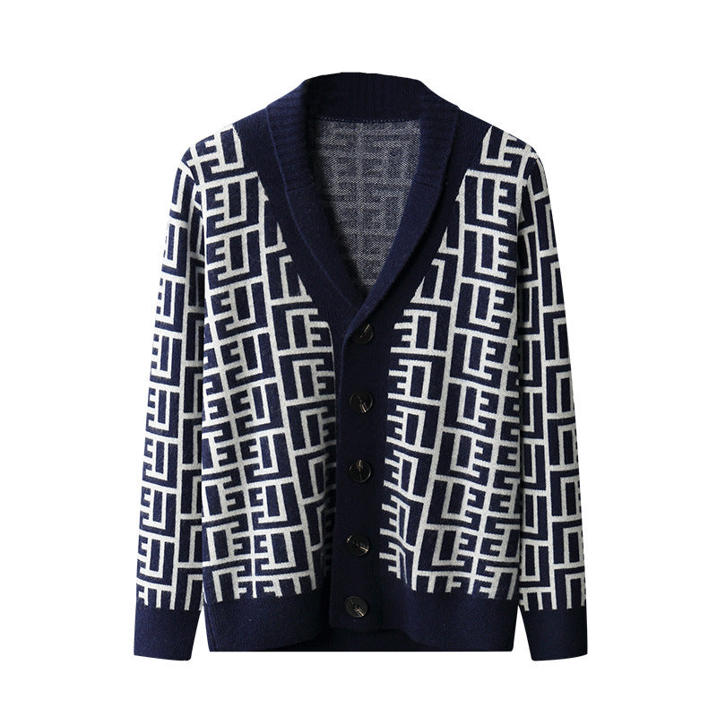 Color Jacquard Button Thick Cardigan Sweater