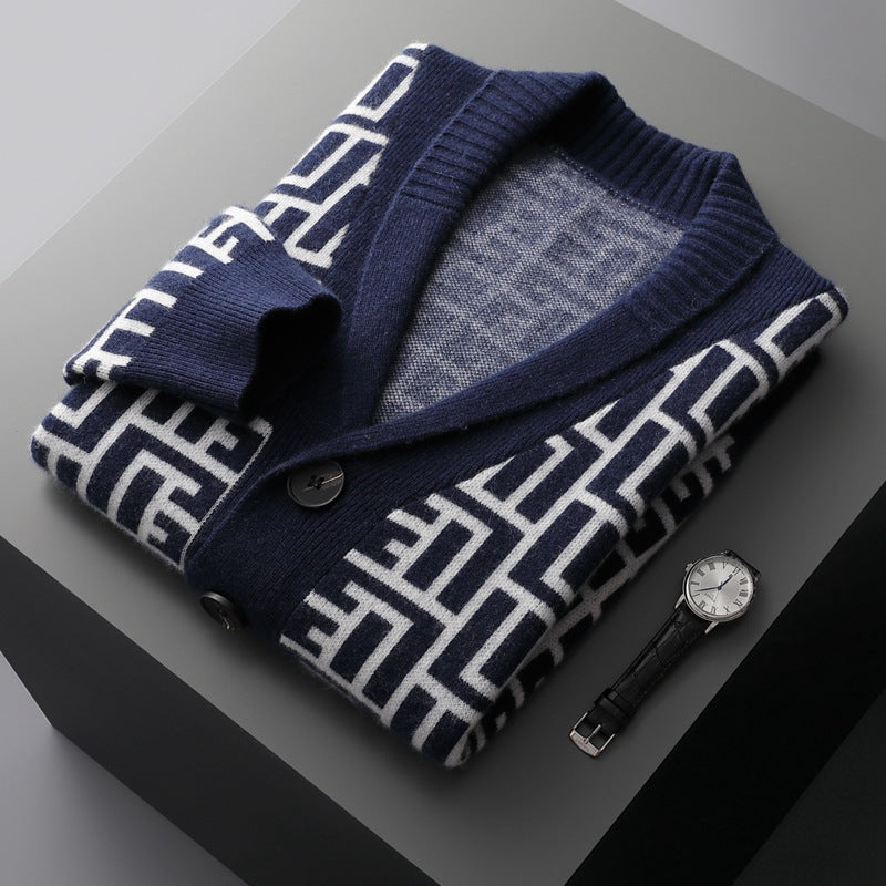 Color Jacquard Button Thick Cardigan Sweater