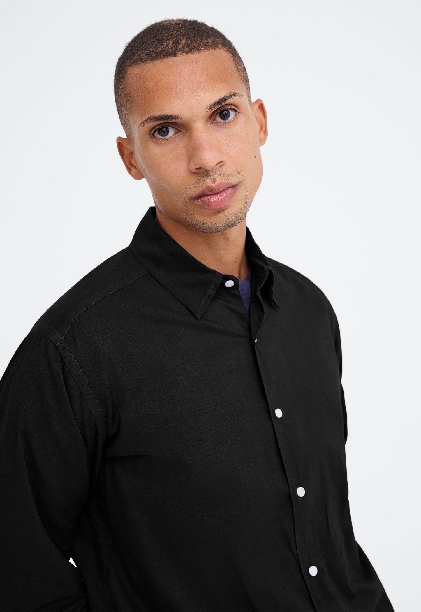 Folded Collar Cotton Shirt - Black