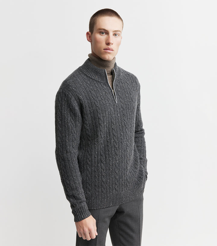 Mens Cashmere Cable Quarter Zip Sweater - Charcoal Donegal/Dark Grey Melange