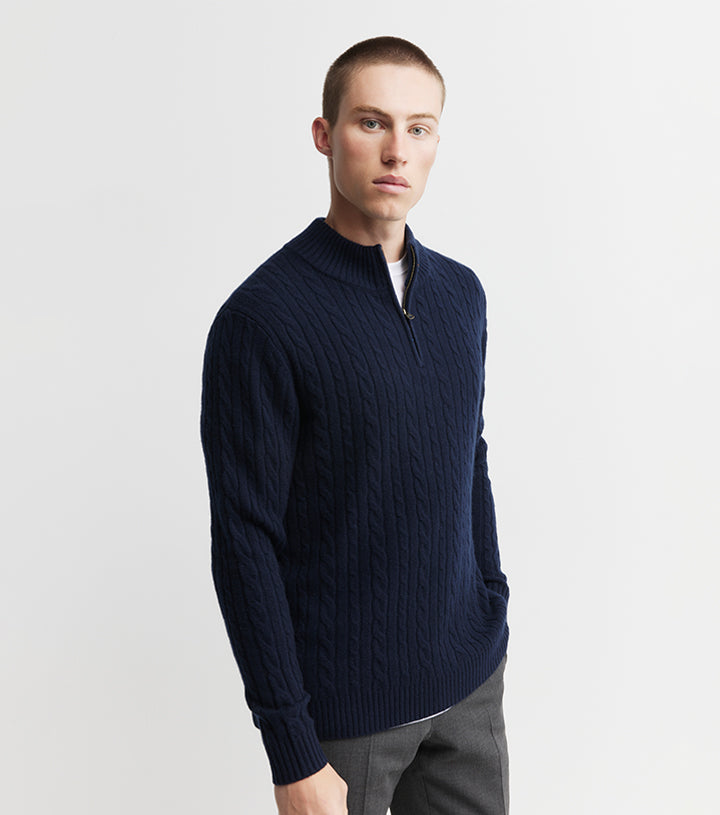 Mens Cashmere Cable Quarter Zip Sweater - Dark Navy/Dark Navy Donegal