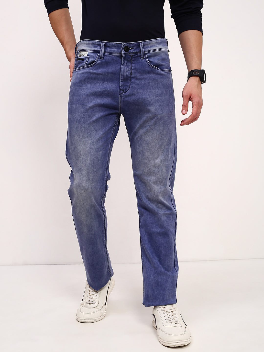 Men's Blue Solid Straight Fit Low-Rise Heavy Fade Acid Wash Stretchable Jeans