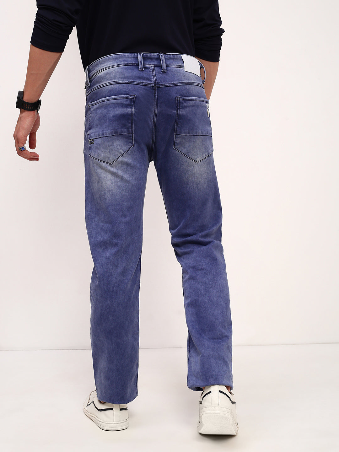 Men's Blue Solid Straight Fit Low-Rise Heavy Fade Acid Wash Stretchable Jeans