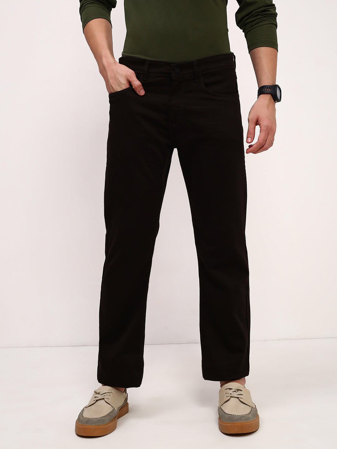Men's Brown Solid Straight Fit Jeans