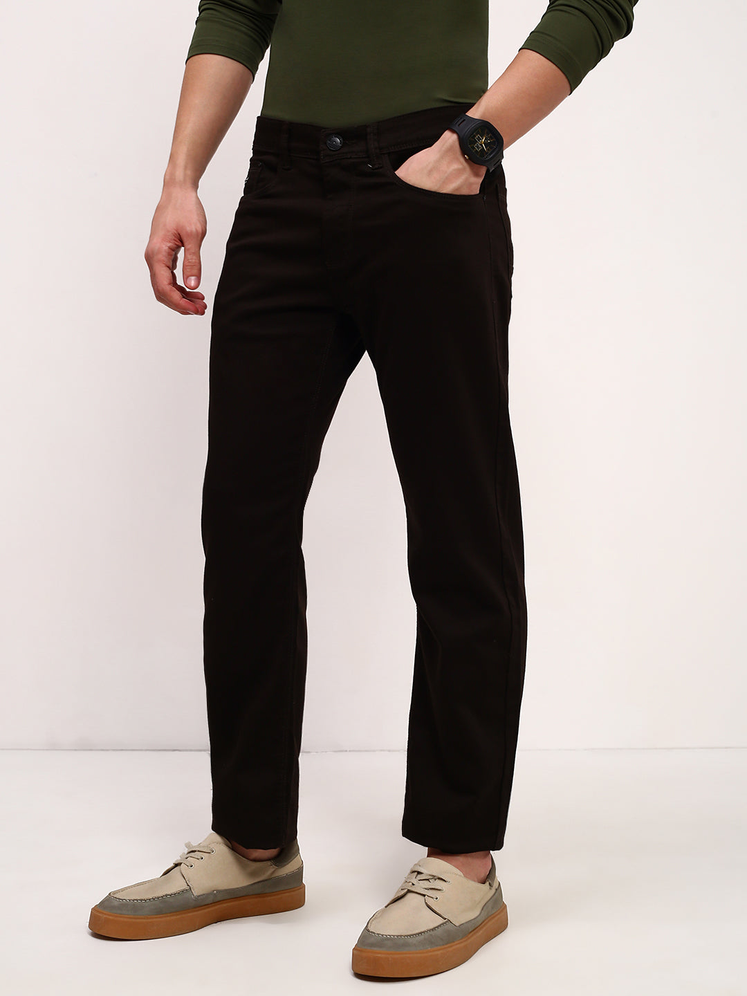 Men's Brown Solid Straight Fit Jeans
