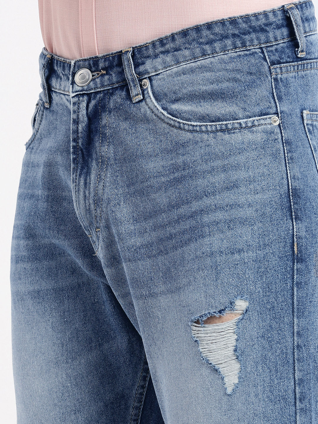 Men's Blue Comfort Low-Rise Mildly Distressed Heavy Fade Acid Wash Jeans