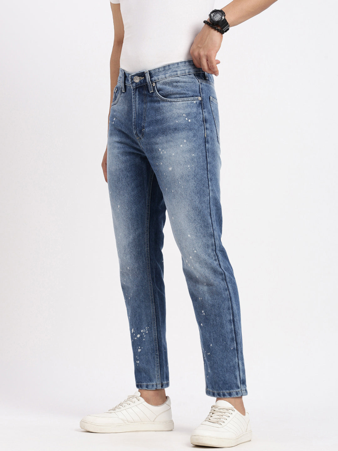 Men's Blue Comfort Low-Rise Heavy Fade Bleached Jeans