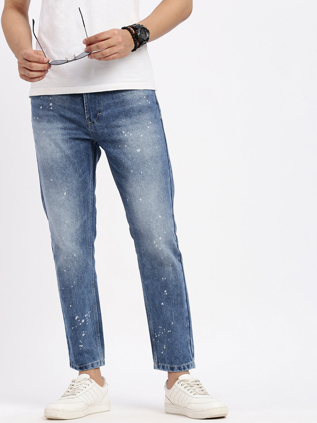 Men's Blue Comfort Low-Rise Heavy Fade Bleached Jeans