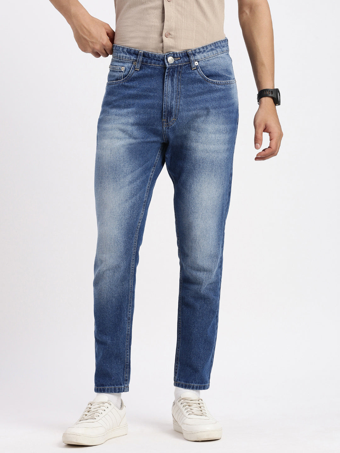 Men's Blue Comfort Low-Rise Casual Heavy Fade Acid Wash Jeans