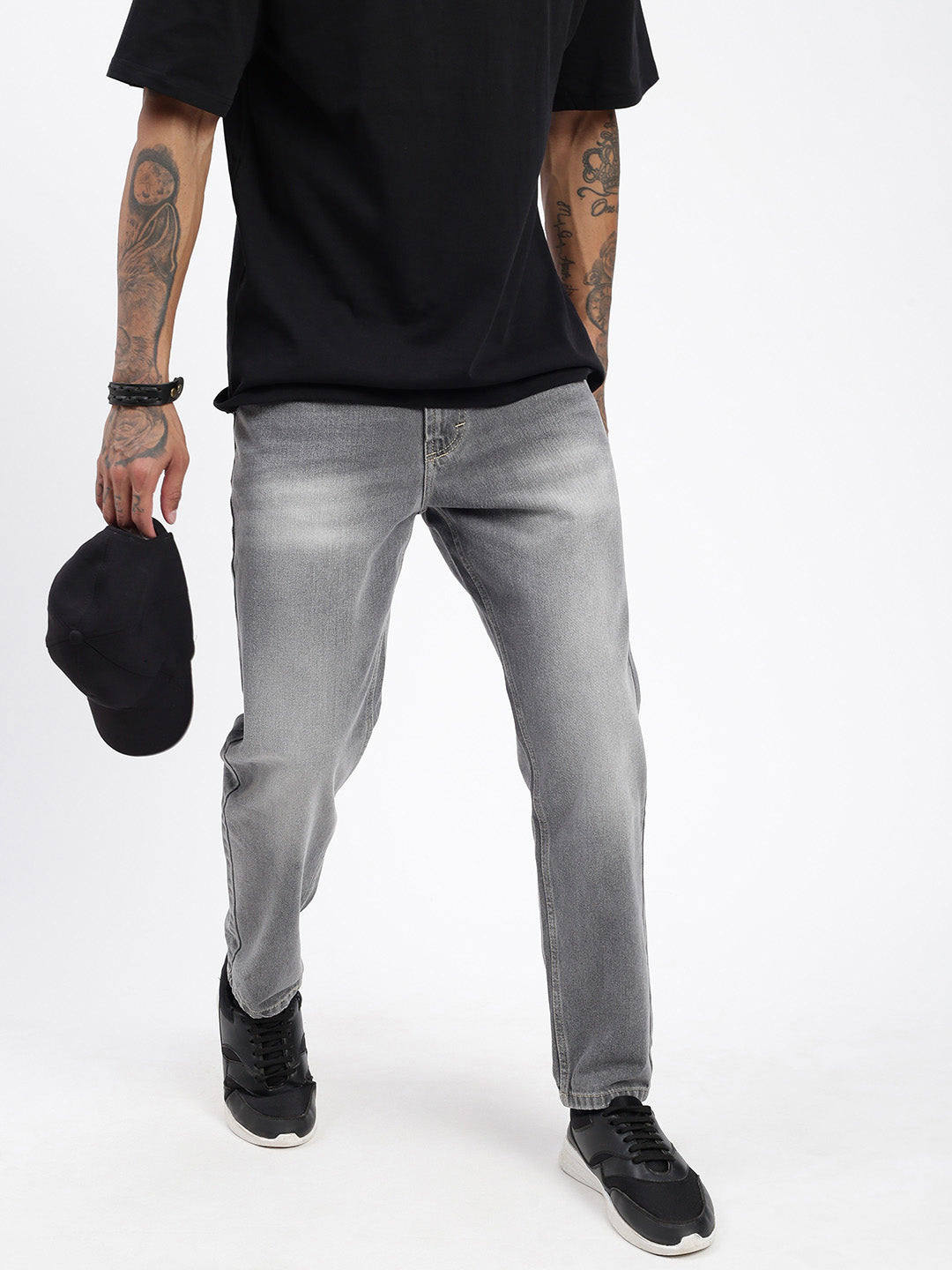 Men's Grey Slim Fit Cropped Light Fade Jeans