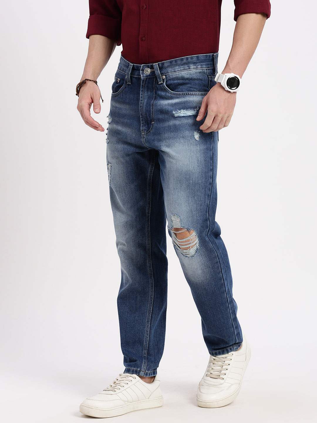 Men's Blue Comfort Low-Rise Slash Knee Heavy Fade Acid Wash Jeans