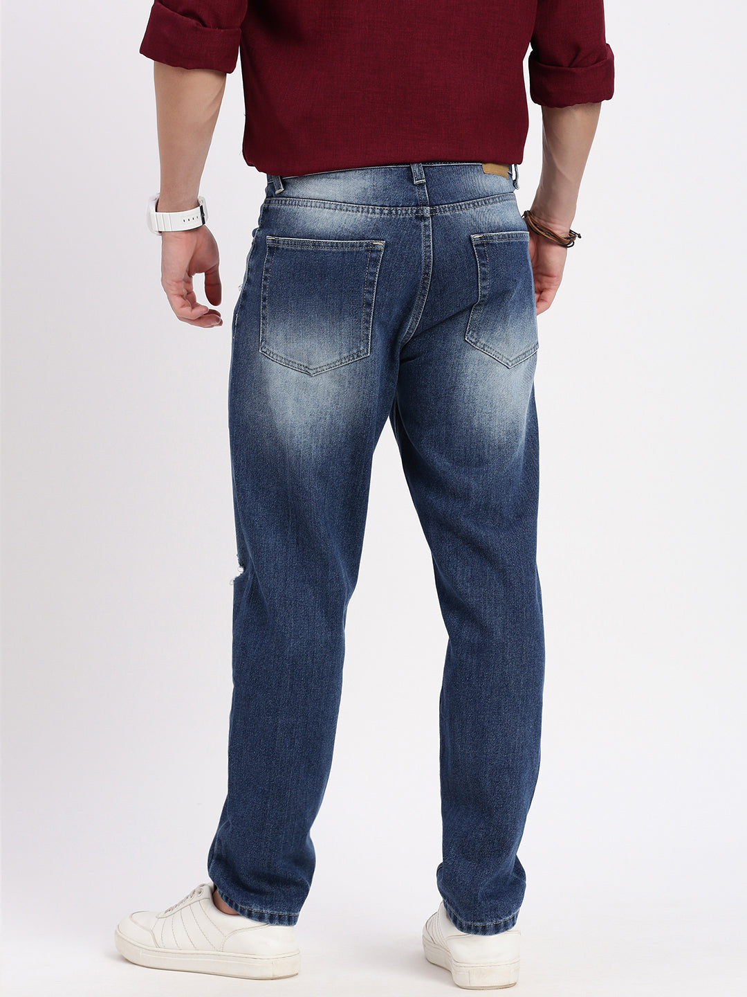 Men's Blue Comfort Low-Rise Slash Knee Heavy Fade Acid Wash Jeans