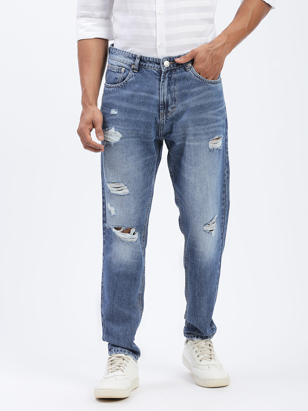Men's Blue Regular Fit Cropped Torned Jeans
