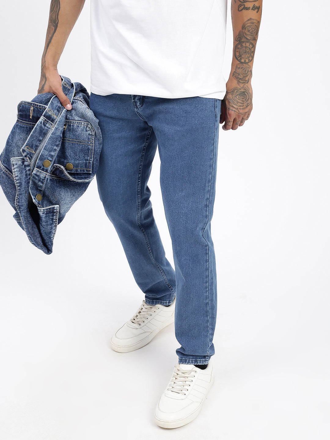Men's Blue Straight Fit Cropped Jeans