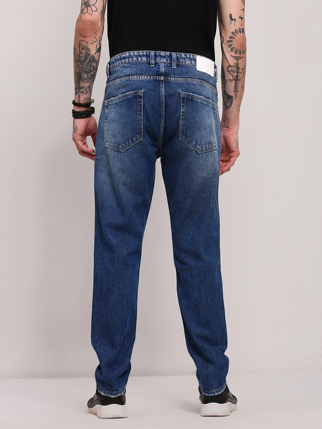 Men's Blue Distressed Dark Wash Straight Fit Jeans