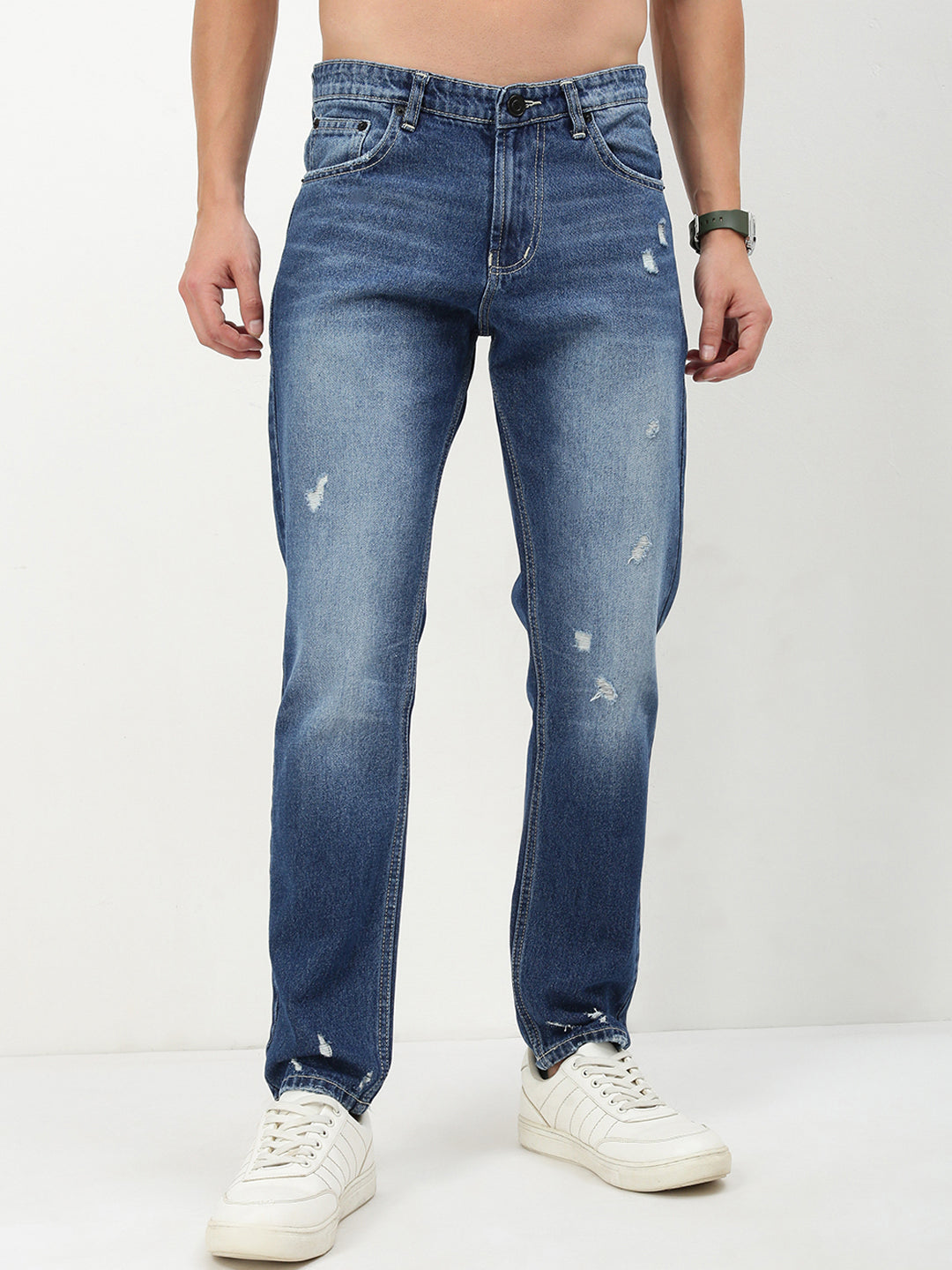 Men's Blue Solid Straight Fit Jeans