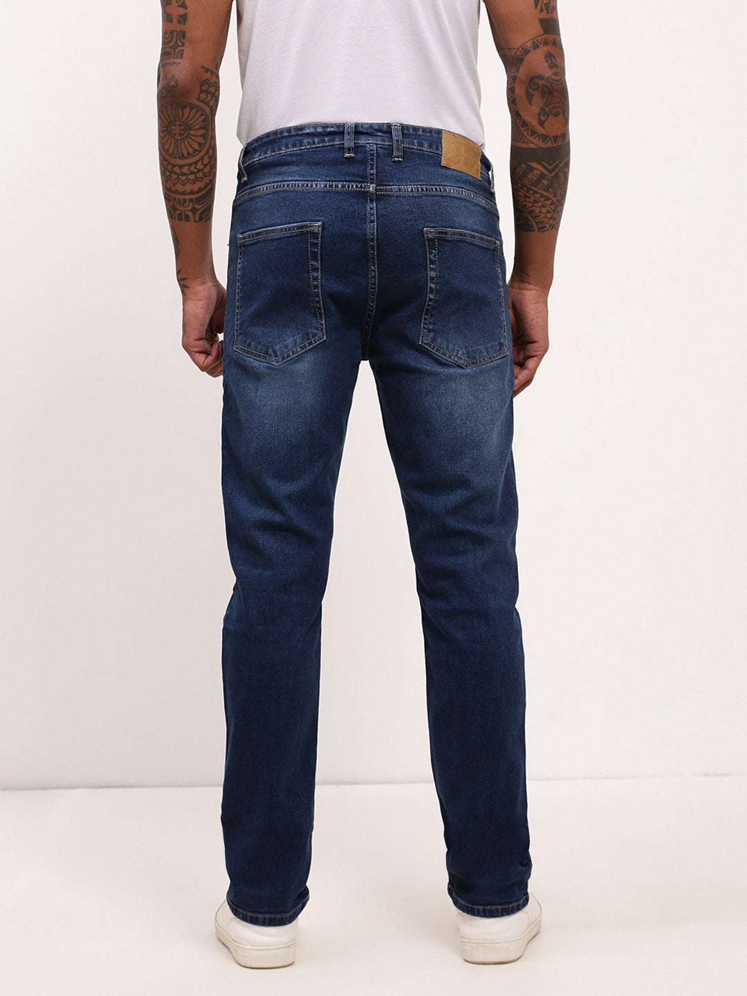 Men's Blue Solid Straight Fit Low-Rise Heavy Fade Acid Wash Jeans