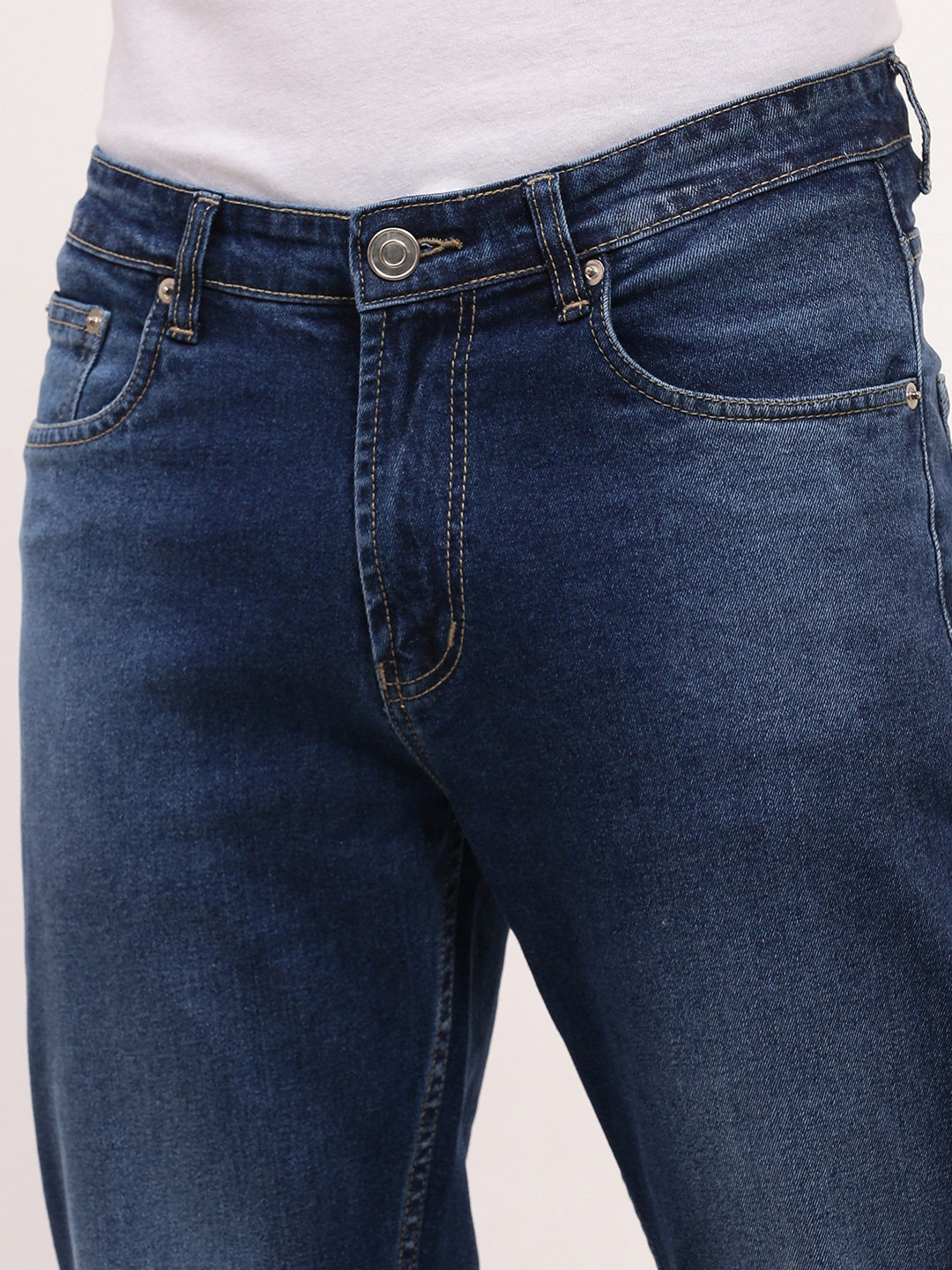 Men's Blue Solid Straight Fit Low-Rise Heavy Fade Acid Wash Jeans