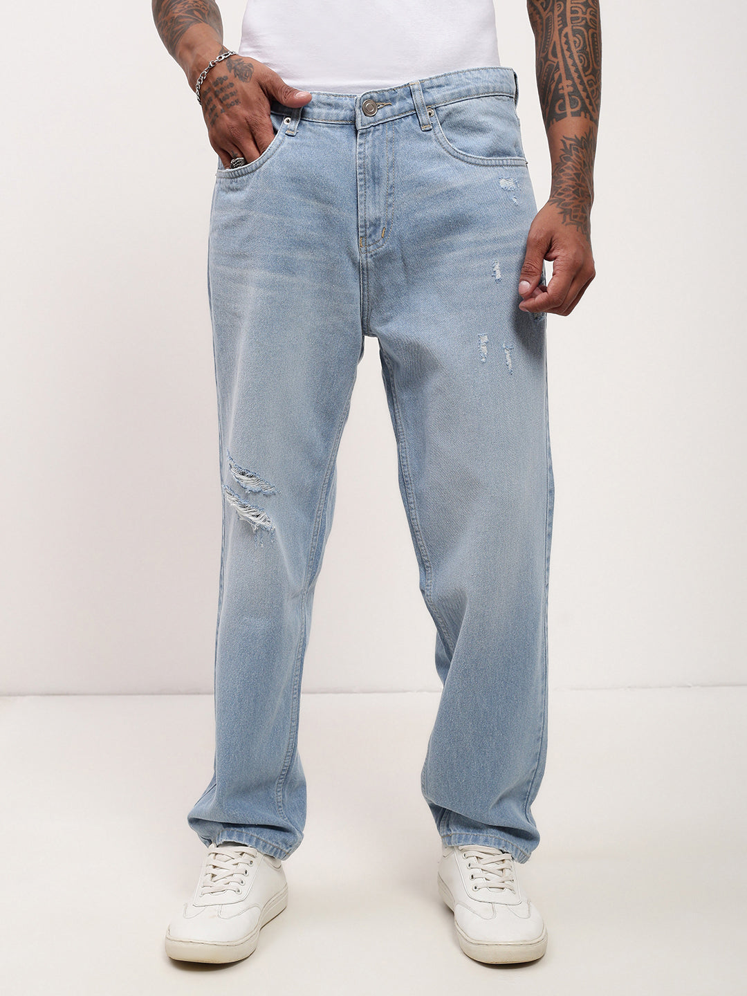 Men's Blue Solid Wide Leg Jeans