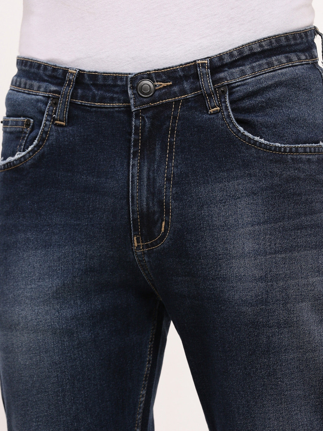 Men's Navy Blue Solid Straight Fit Heavy Fade Acid Wash Jeans