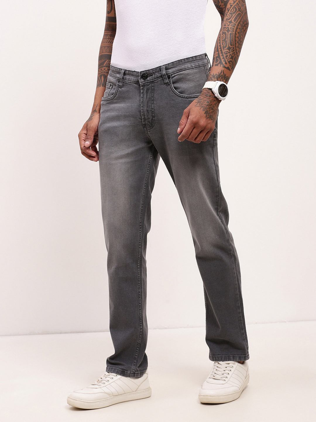 Men's Grey Solid Straight Fit Heavy Fade Acid Wash Jeans