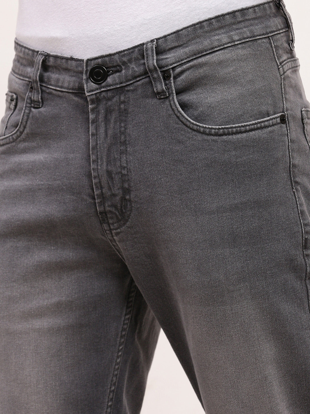 Men's Grey Solid Straight Fit Heavy Fade Acid Wash Jeans