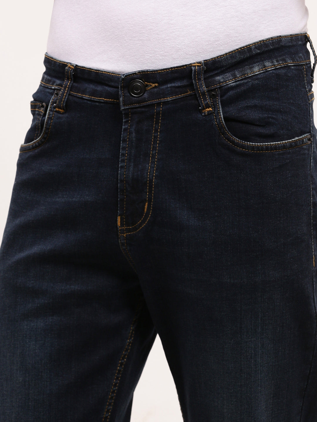 Men's Navy Blue Comfort Straight Fit Low-Rise Acid Wash Jeans