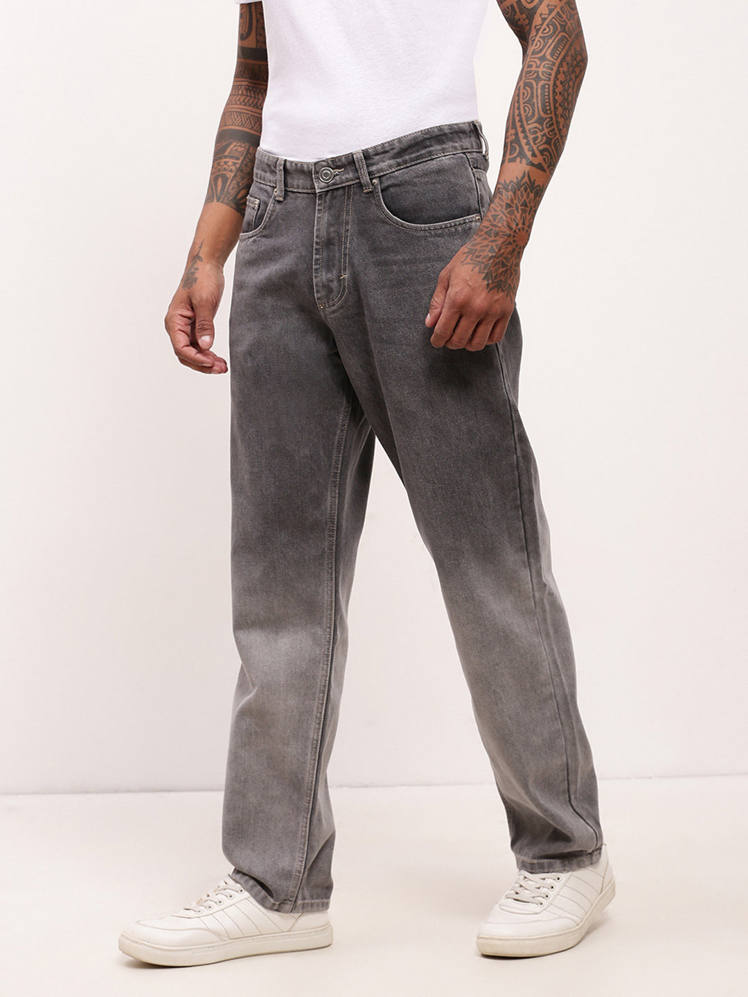 Men's Grey Comfort Straight Fit Low-Rise Light Fade Acid Wash Jeans