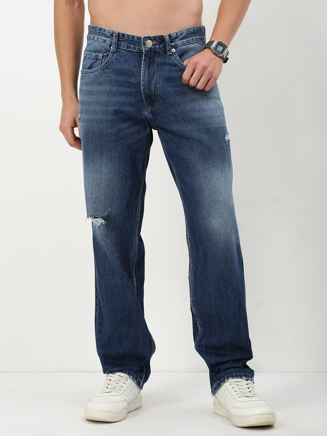 Men's Blue Solid Straight Fit Jeans
