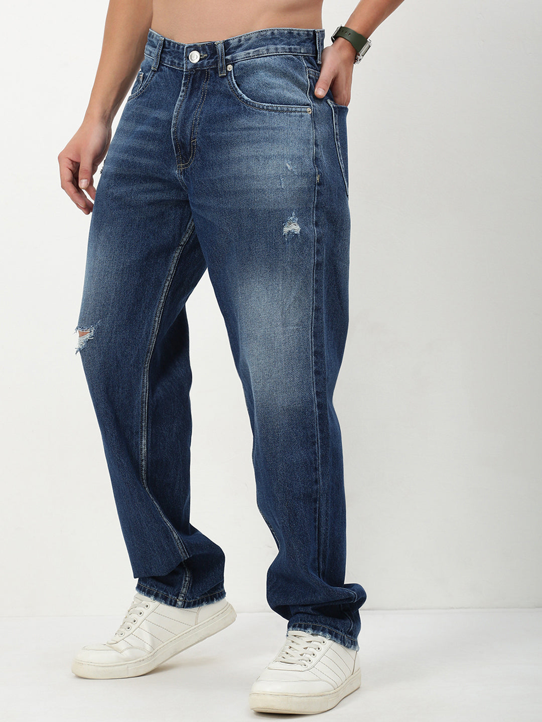 Men's Blue Solid Straight Fit Jeans