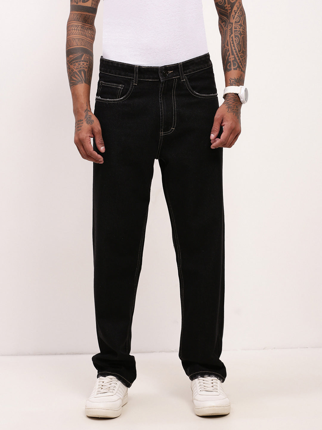 Men's Black Solid Straight Fit Jeans