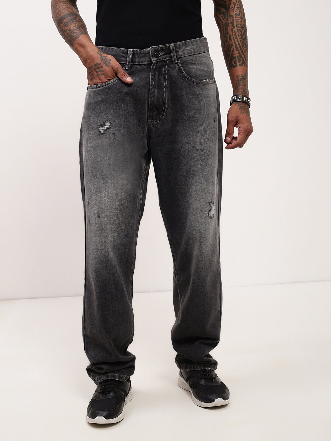 Men's Grey Solid Baggy Jeans