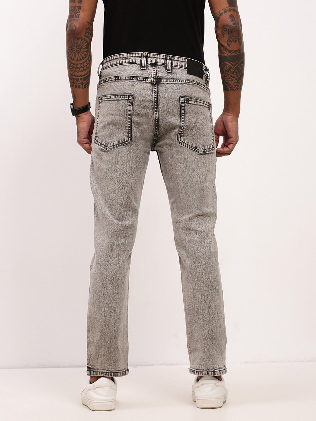 Men's Grey Solid Straight Fit Low-Rise Heavy Fade Jeans