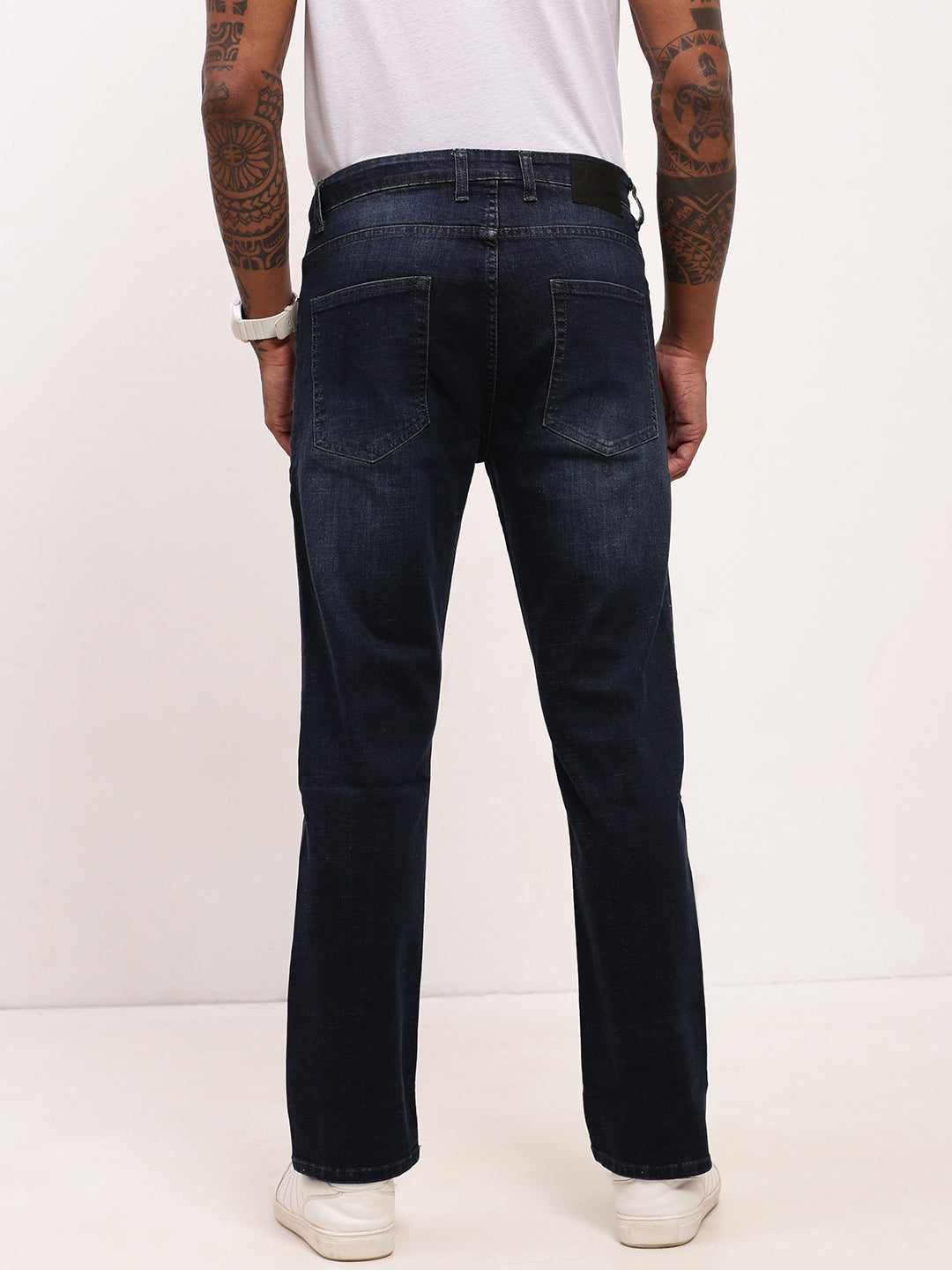 Men's Navy Blue Comfort Straight Fit Mid-Rise Light Fade Acid Wash Cotton Jeans