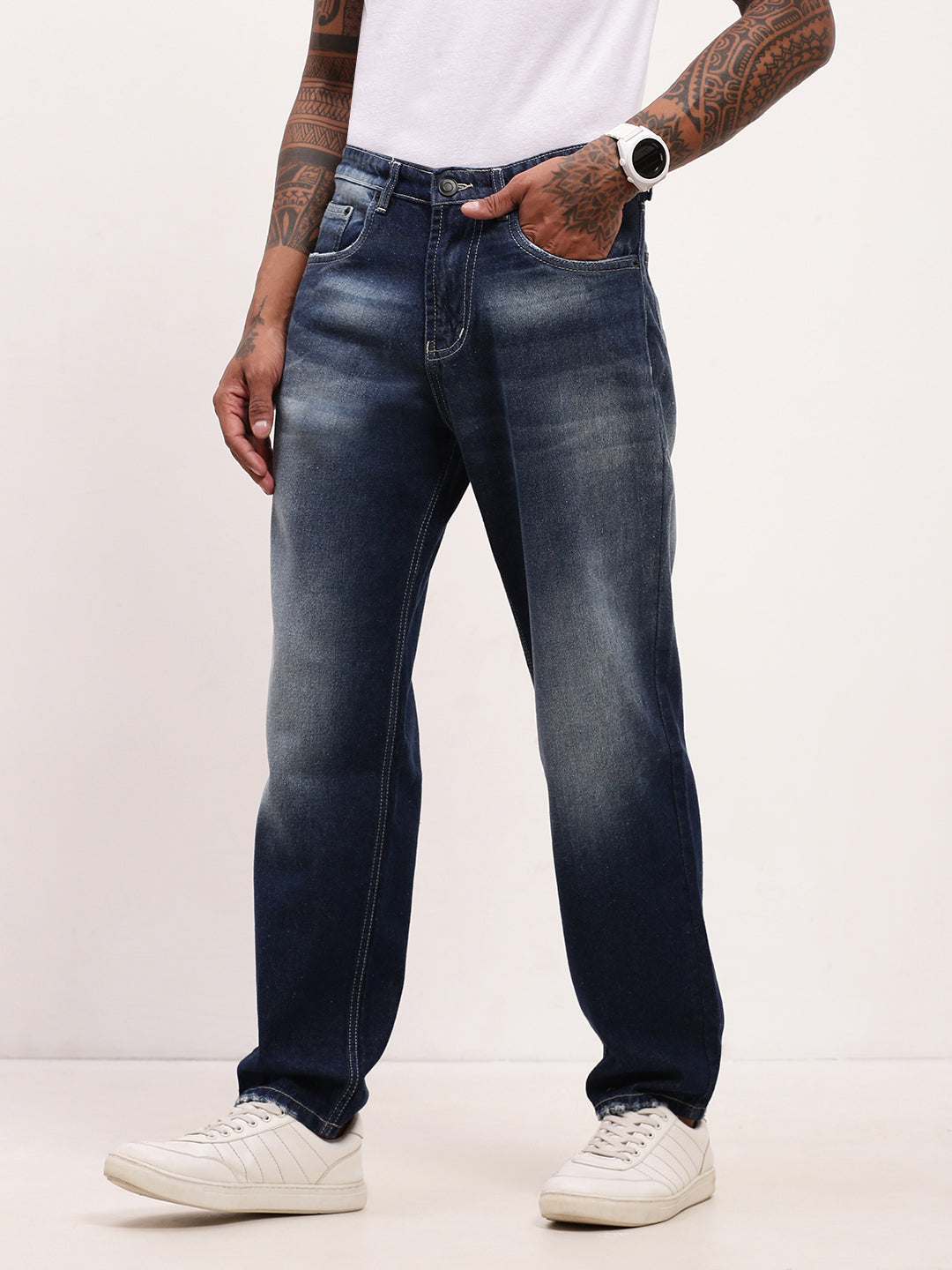 Men's Blue Solid Straight Fit Jeans