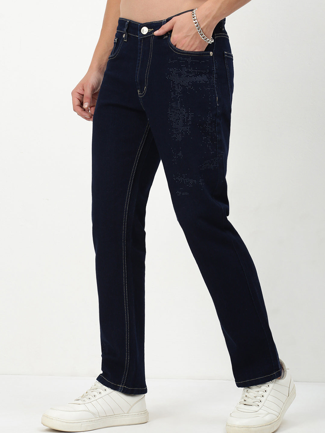Men's Navy Blue Solid Straight Fit Jeans