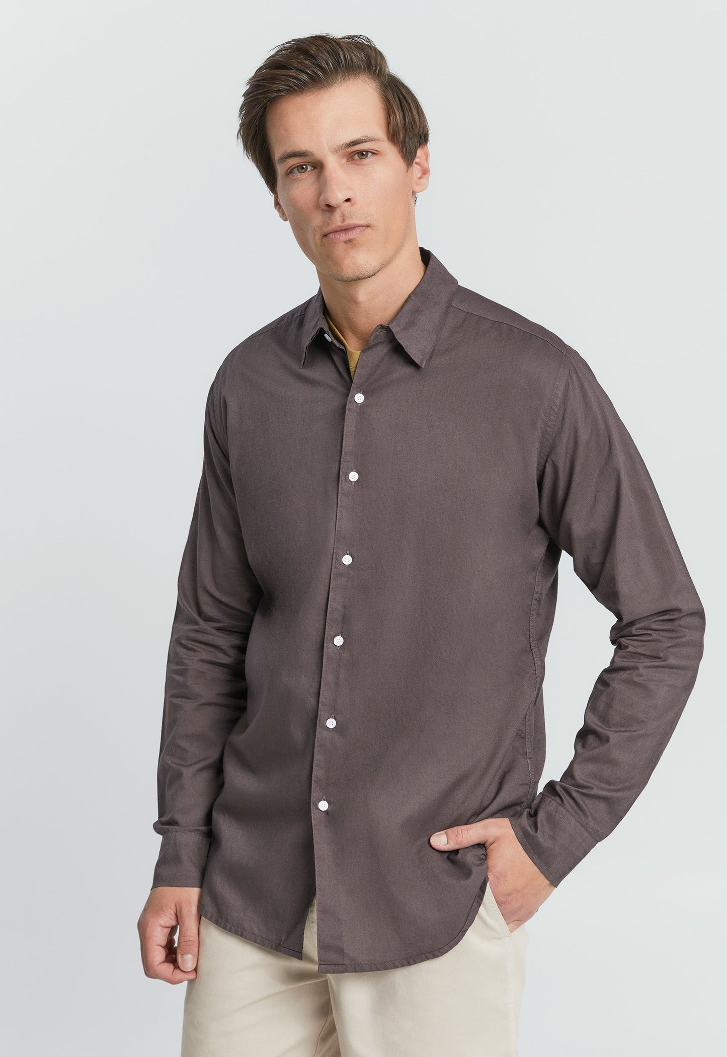Folded Collar Cotton Shirt - Worn Choc