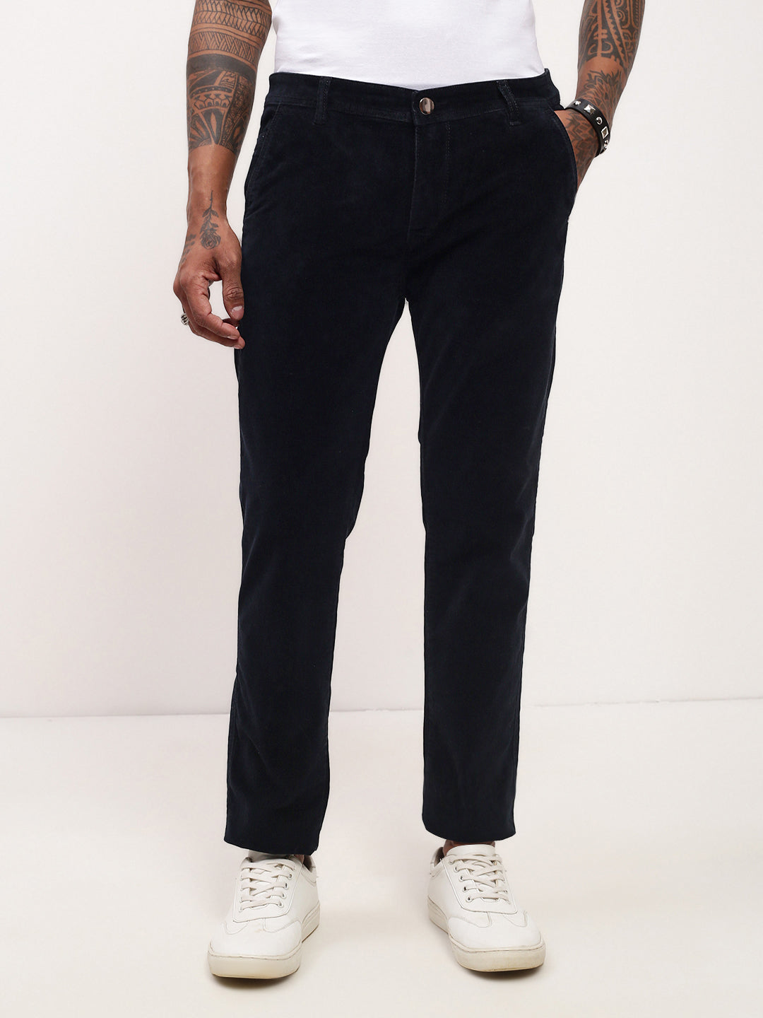 Men's Navy Blue Solid Straight Fit Jeans