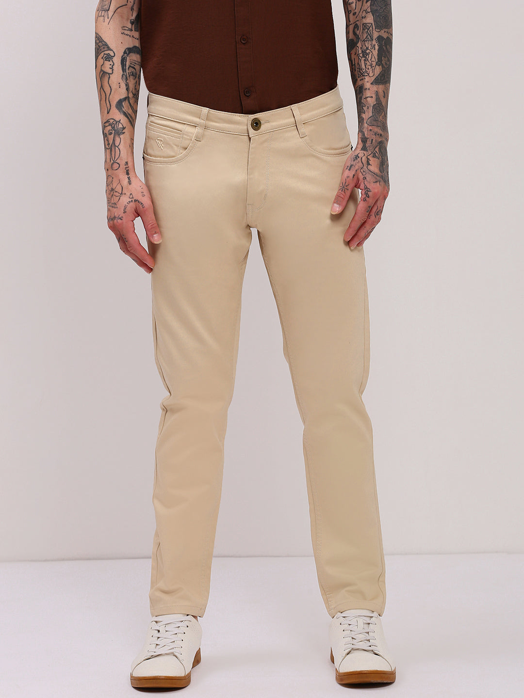 Men's Beige Low-Rise Slim Fit Jeans