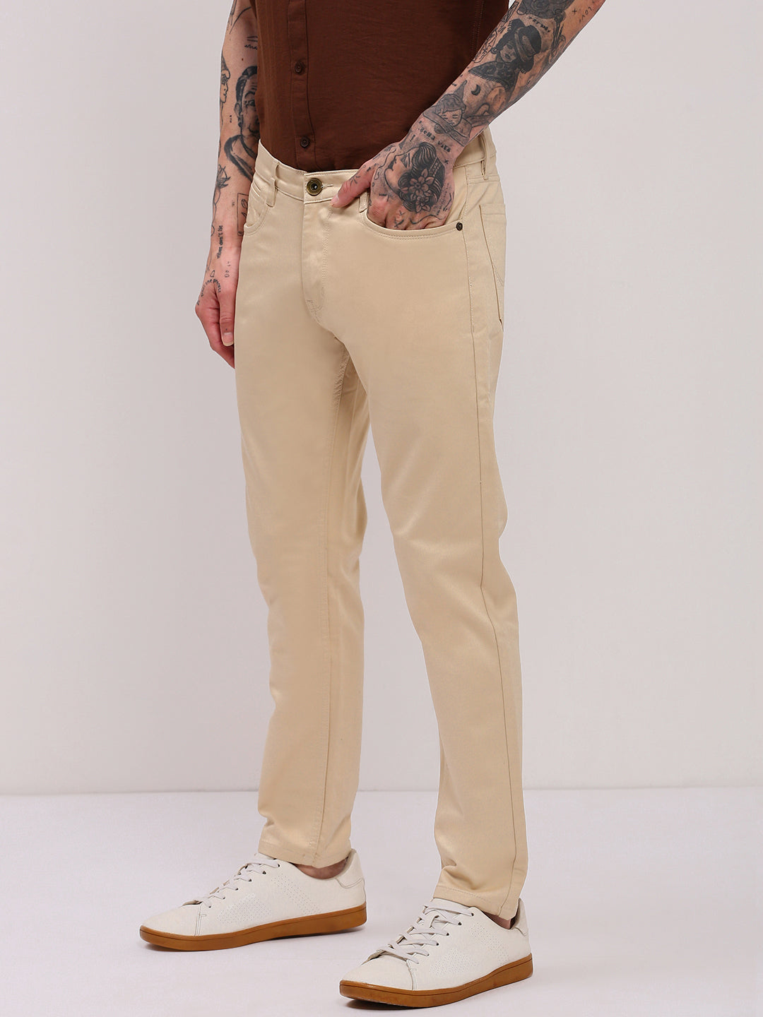 Men's Beige Low-Rise Slim Fit Jeans