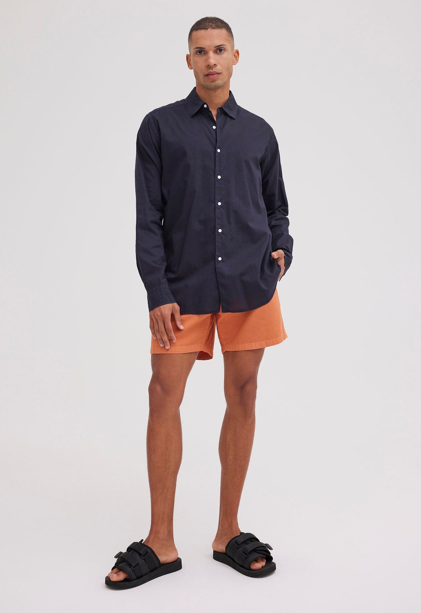 Folded Collar Cotton Shirt - Navy