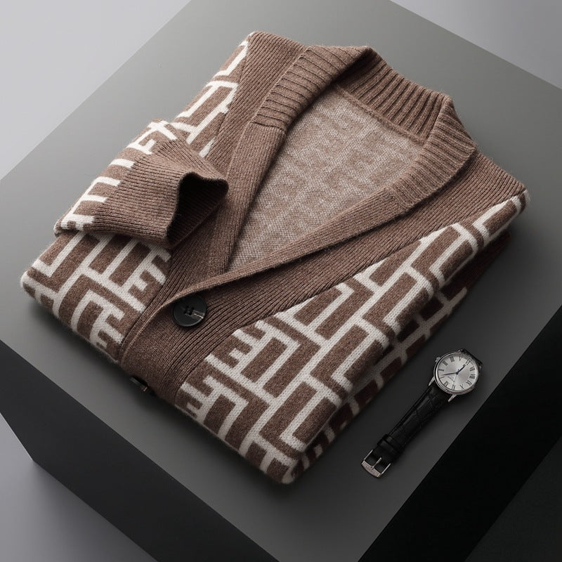 Color Jacquard Button Thick Cardigan Sweater