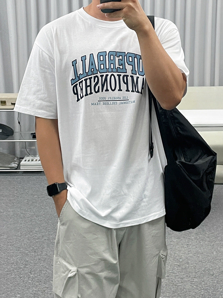 Men's summer loose cotton short sleeve round neck T-shirt with letter print