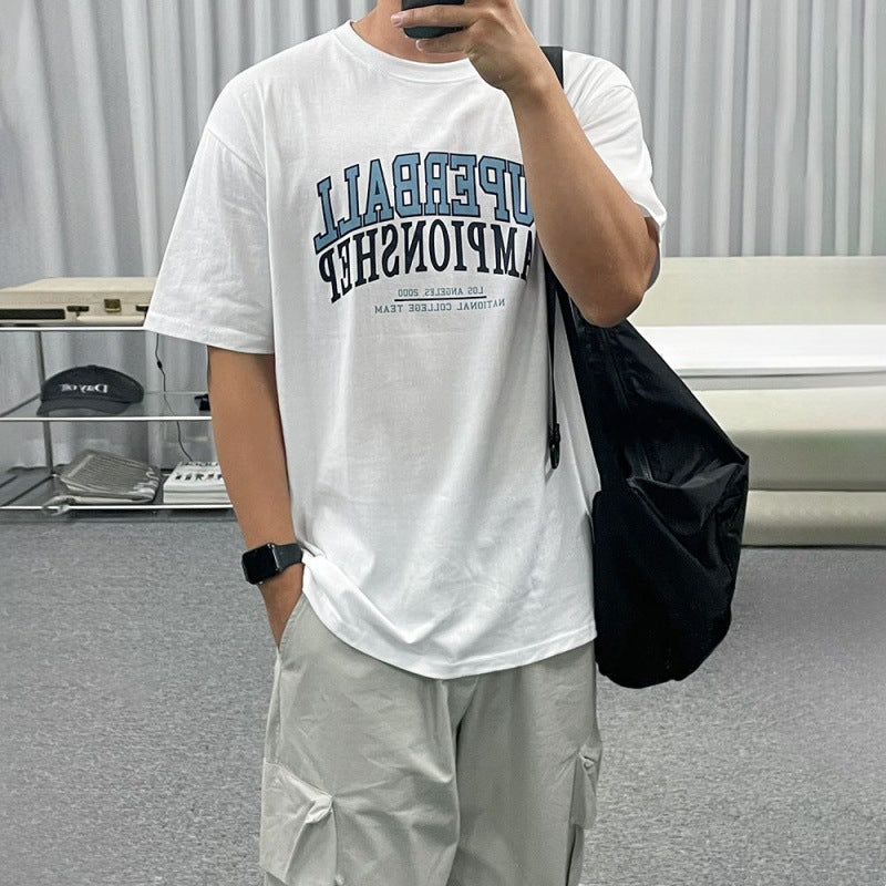 Men's summer loose cotton short sleeve round neck T-shirt with letter print