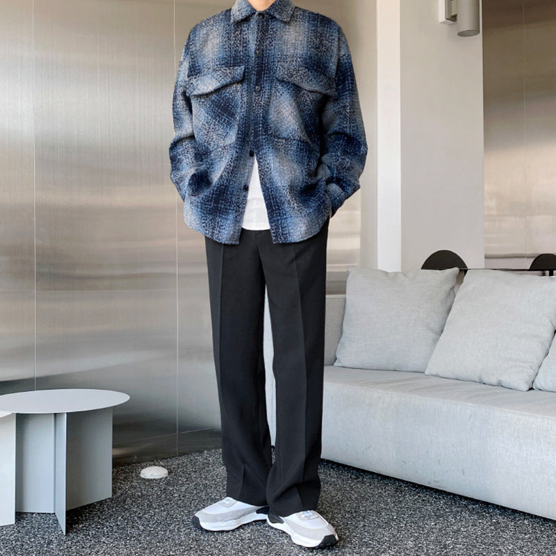 Men's Korean style trendy plaid long sleeve shirt