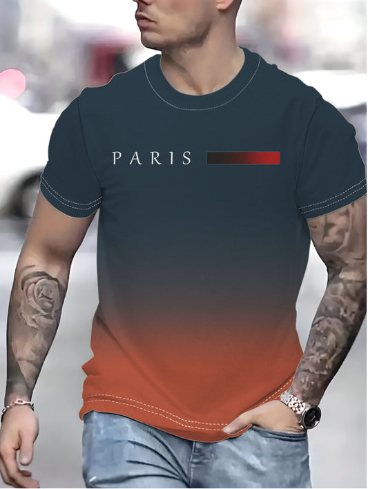 Paris Letters Printed Gradient Round Neck Short Sleeve T-Shirt